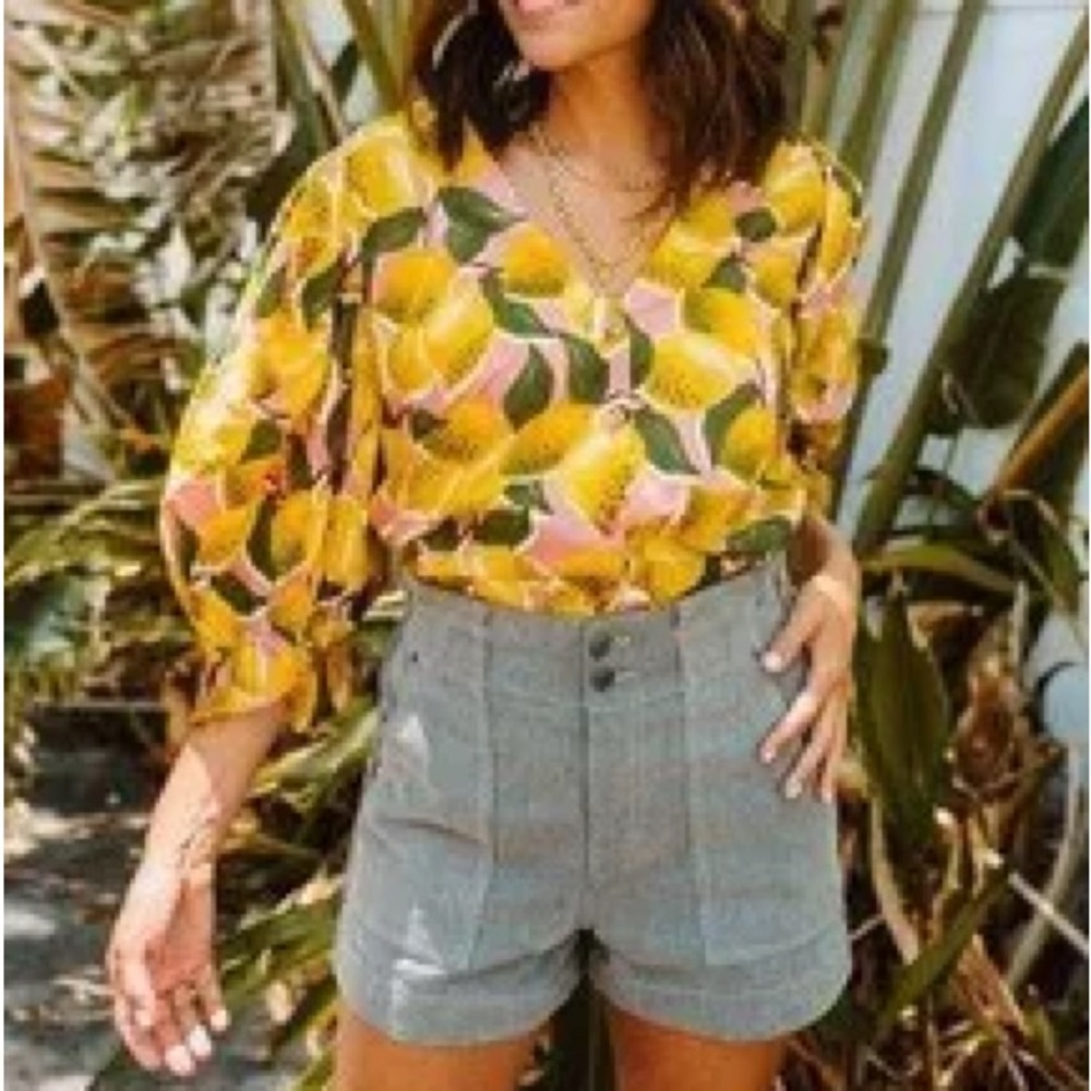 FARM RIO FRESH LEMONS PUFF SLEEVE SHIRT yellow green print balloon button up top - Picture 4 of 10